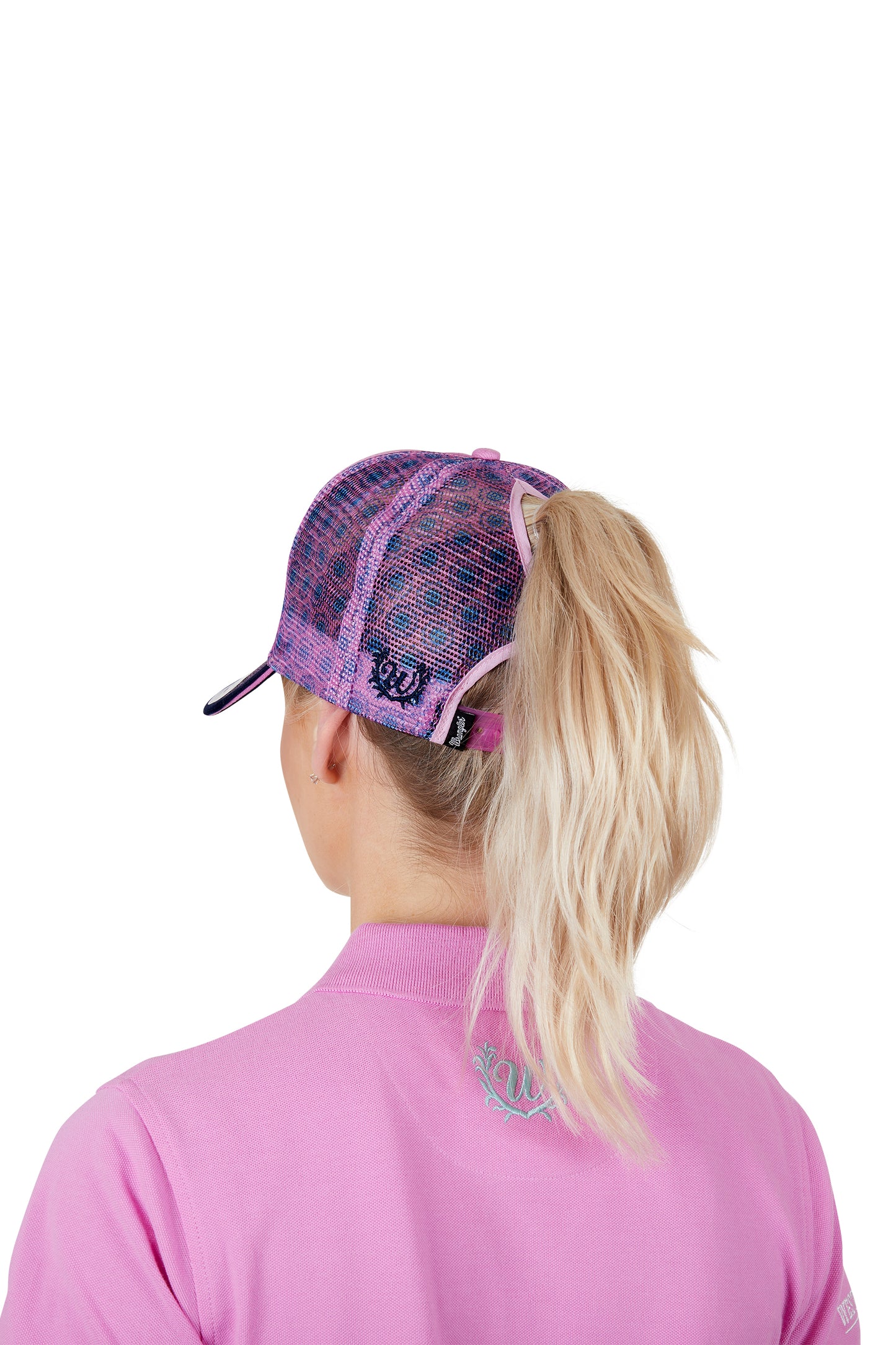 Wrangler Krista High Profile Ponytail Trucker Cap - Pink/Navy - X4S2909CAP