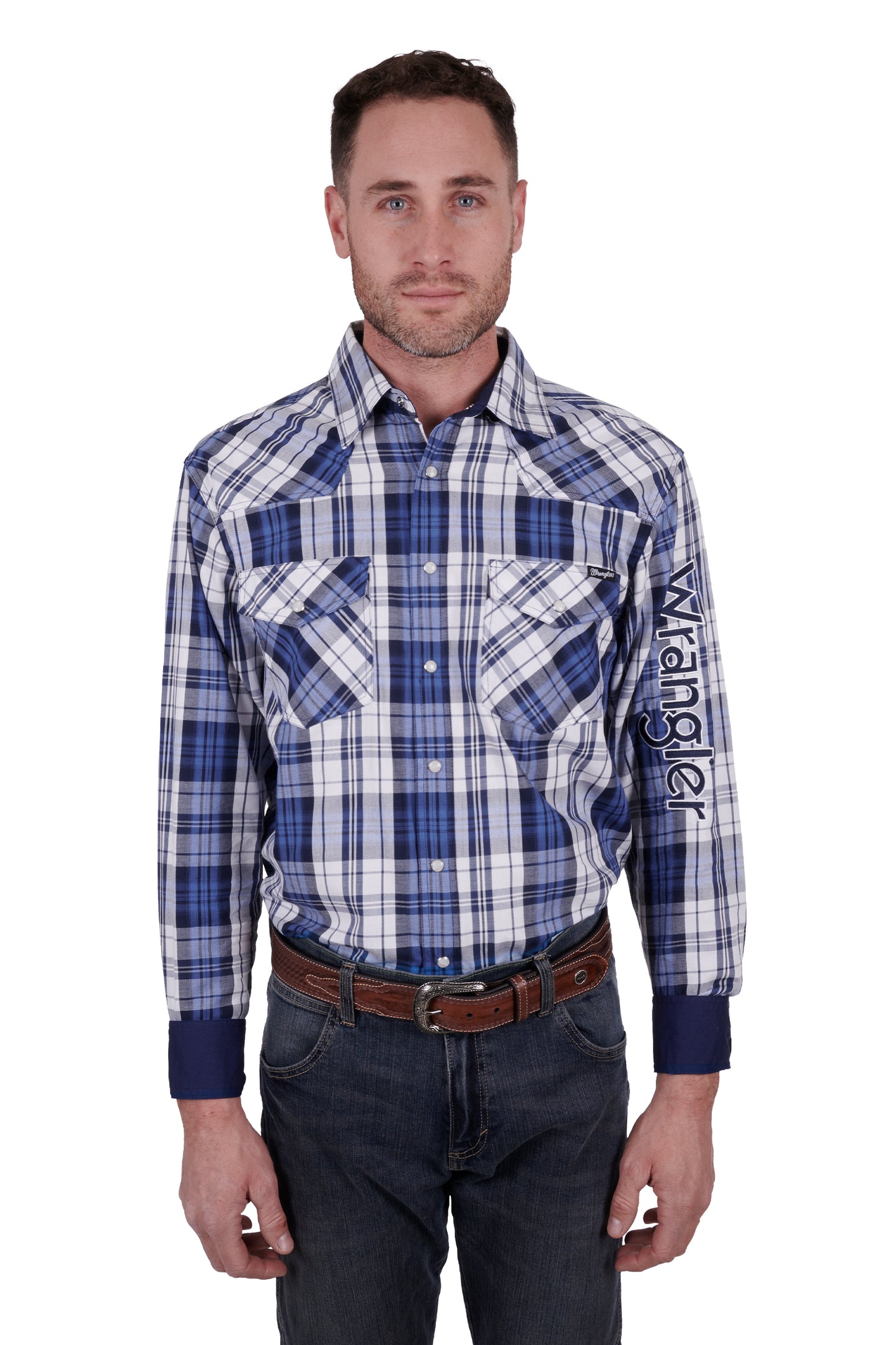 Wrangler Mens Albert Logo Check Long Sleeve Shirt - Blue/Teal