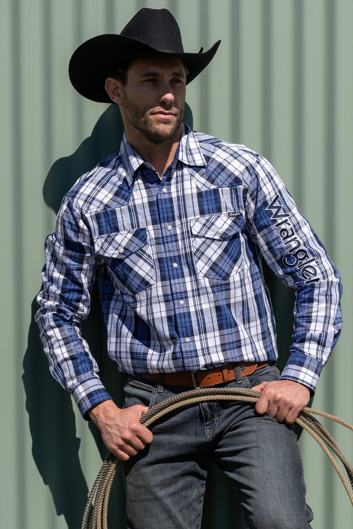 Wrangler Mens Albert Logo Check Long Sleeve Shirt - Blue/Teal