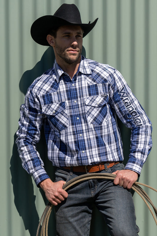 Wrangler Mens Albert Logo Check Long Sleeve Shirt - Blue/Teal