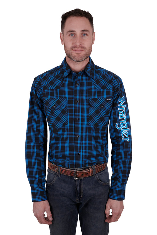 Wrangler Mens Logo Betts L/S Shirt - Black/Royal  - X4W1111002