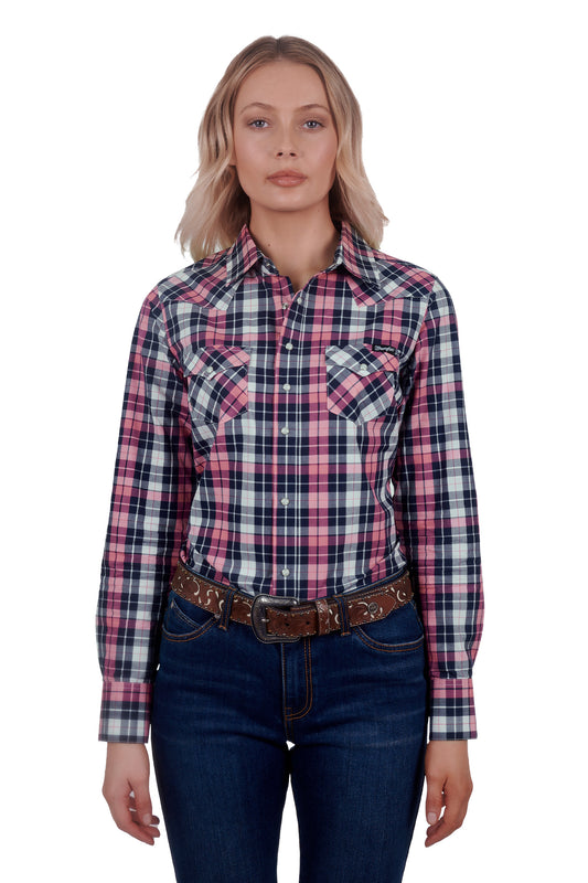 Wrangler Ladies Greta L/S Western Check Shirt - Pink/Navy - X4W2127052