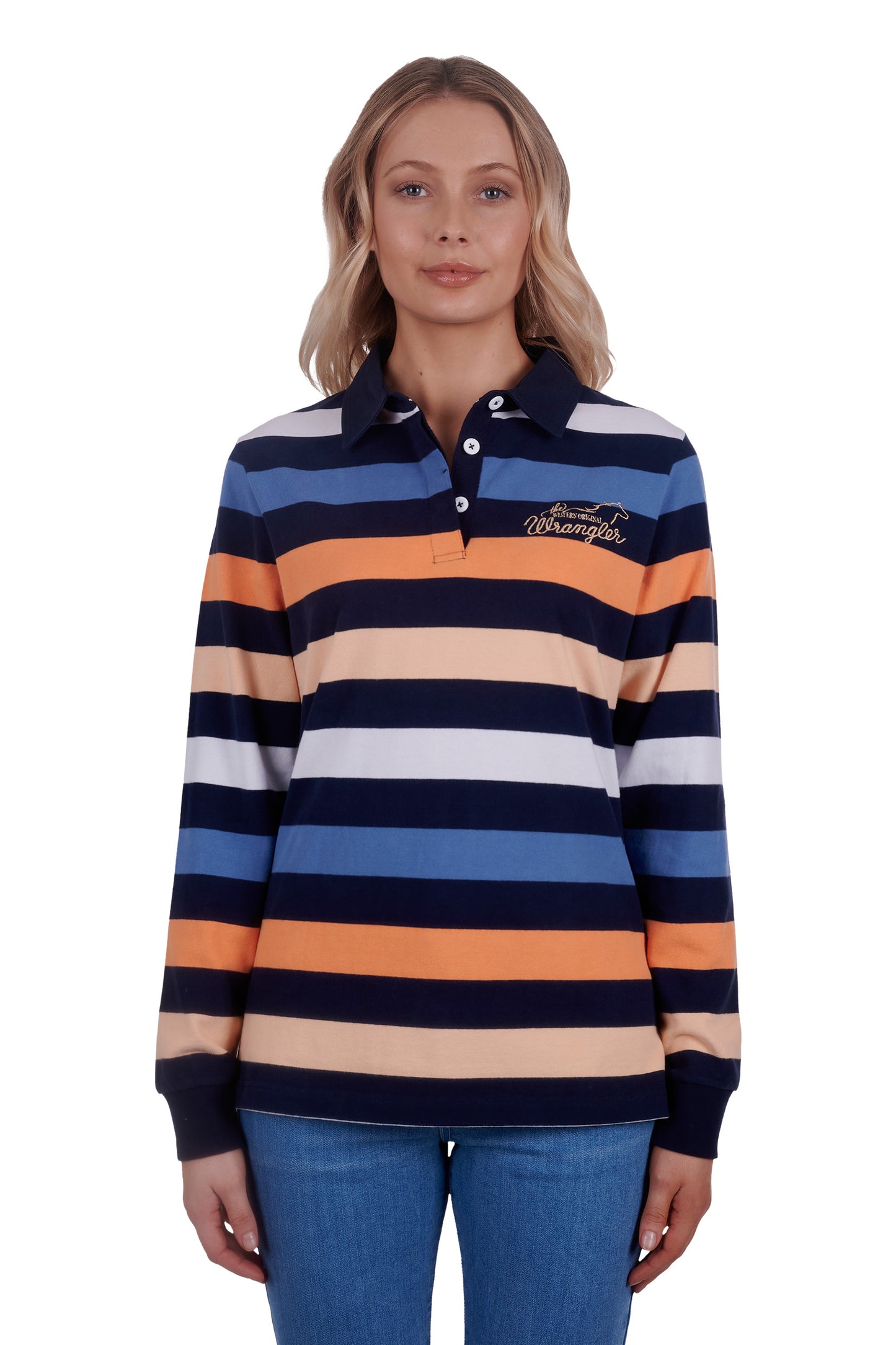 Wrangler Ladies Isabel Stripe Rugby - Navy/Orange - ON SALE