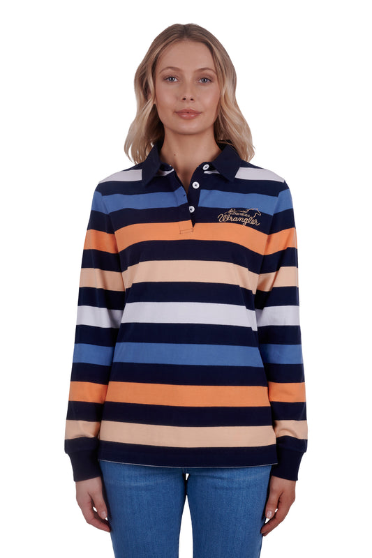 Wrangler Ladies Isabel Stripe Rugby - Navy/Orange - ON SALE