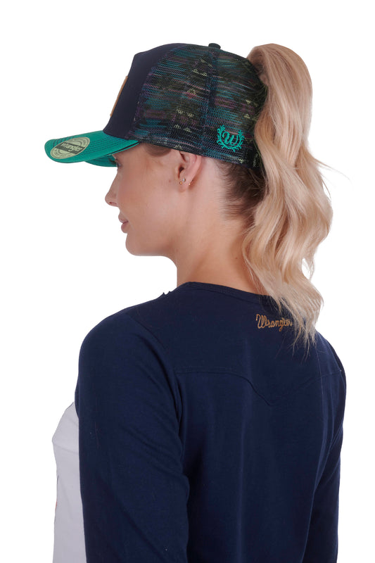 Wrangler Zoe High Profile Ponytail Trucker Cap - Navy/Teal - X4W2995CAP