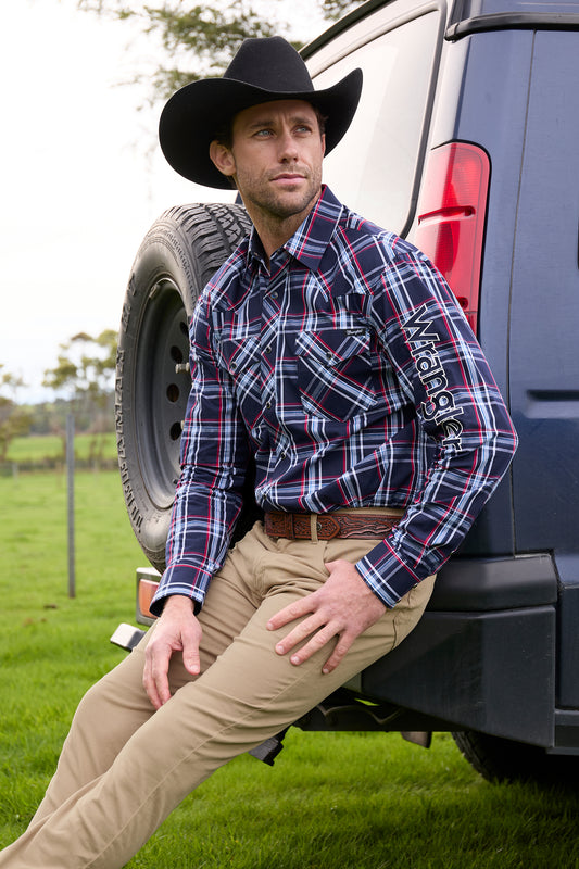 Wrangler Mens Hugo Check Western Logo L/S Shirt - Navy and Red