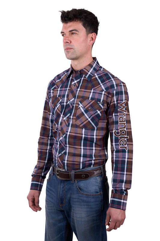Wrangler Mens Milo Logo L/S Shirt - Tan/Navy - X5W1111227