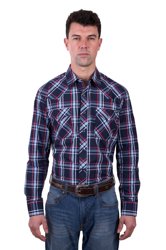 Wrangler Mens Hugo Check Western L/S Shirt - Navy/Red
