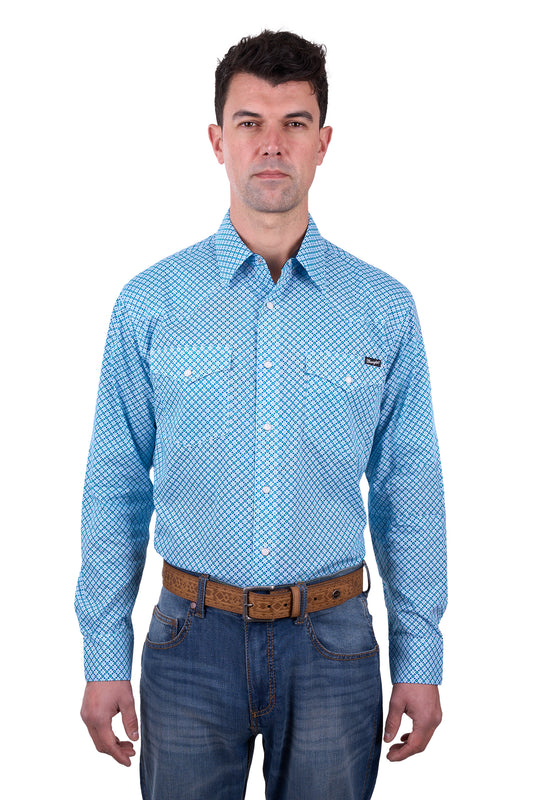 Wrangler Mens Jude Print Western L/S Shirt - Blue/Teal - X5W1112226