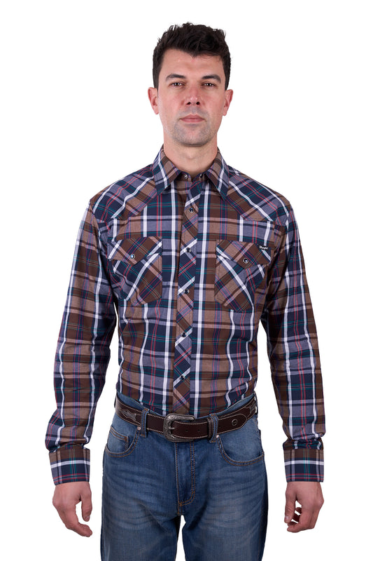 Wrangler Mens Milo Check Western L/S Shirt - Navy and Tan