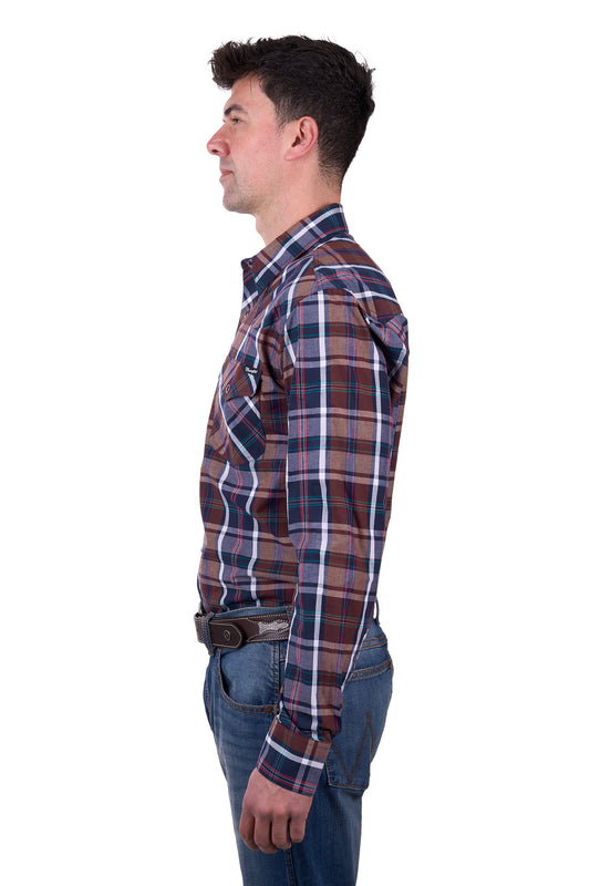 Wrangler Mens Milo Check Western L/S Shirt - Navy and Tan