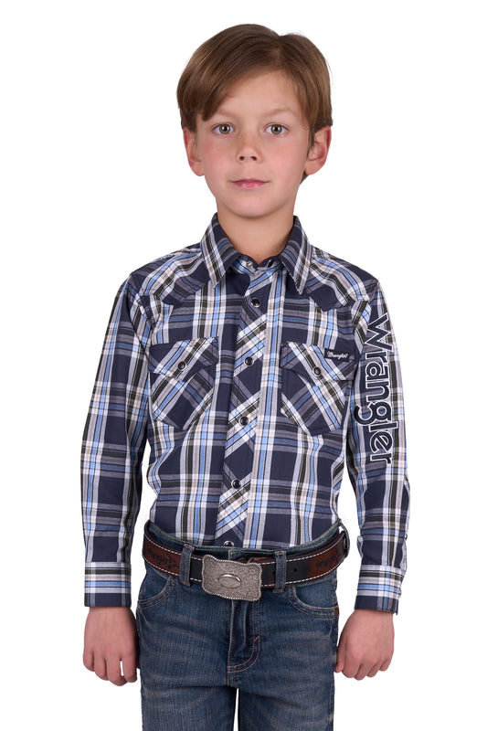 Wrangler Boys Finn Check Logo Western L/S Shirt - Charcoal Blue