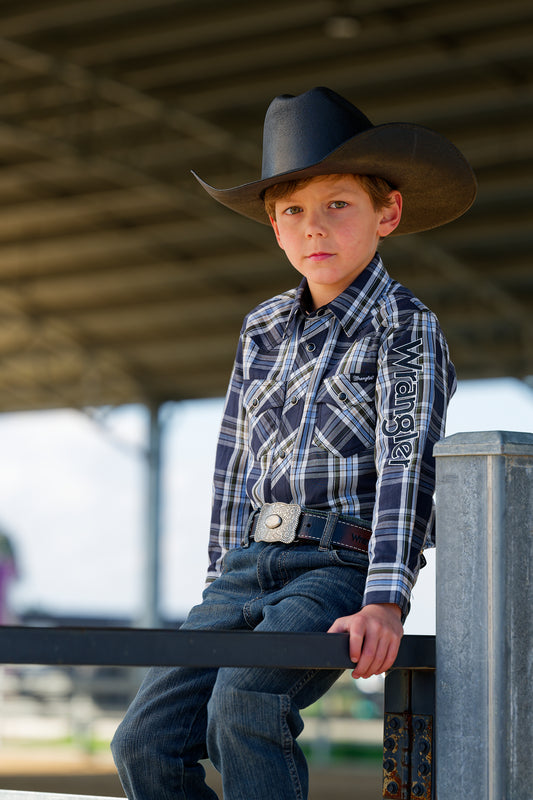 Wrangler Boys Finn Check Logo Western L/S Shirt - Charcoal Blue