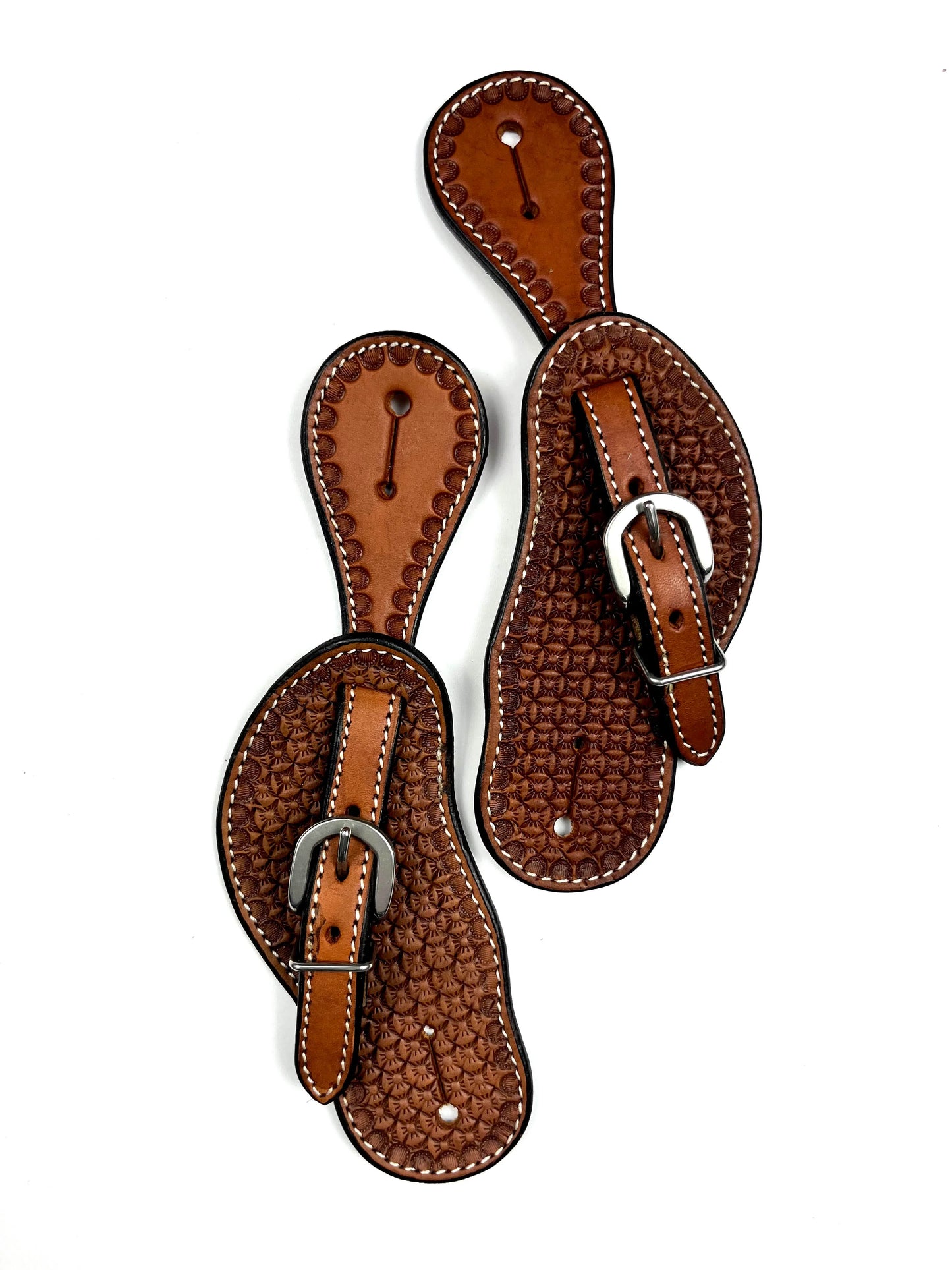 Ezy Ride Spur Strap Cowboy Shape with Small Flower Stamping - Chestnut - NE-AE-165