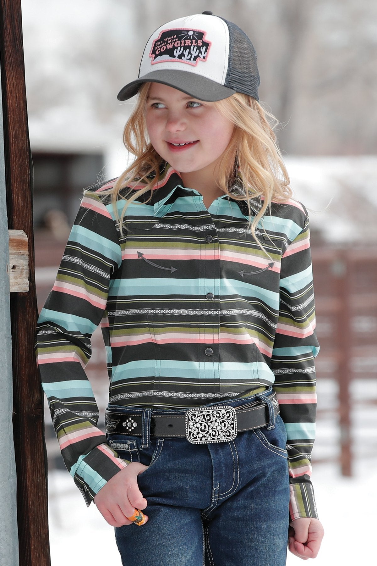 Cruel Girl Girls Blanket Stripe Button Down Western Shirt - Black/Turquoise