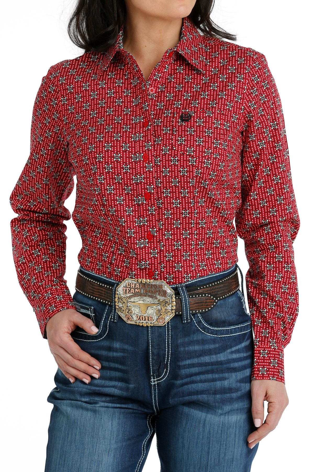 Cinch Ladies Button Down Western L/S Shirt - Red - MSW9164210