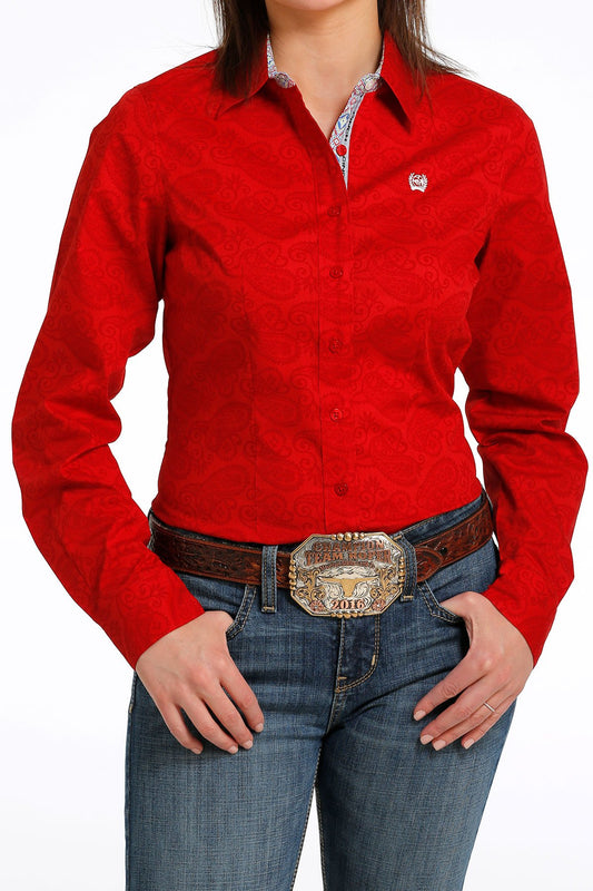 Cinch Ladies Button Down Western L/S Shirt - Red - MSW9165035
