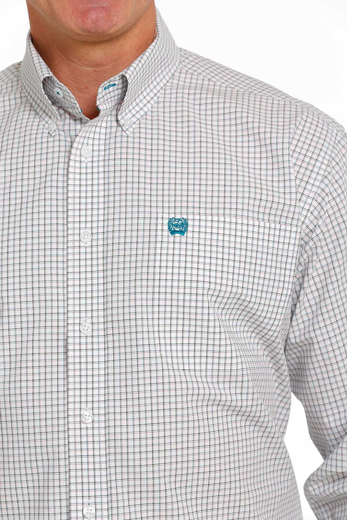 Cinch Mens Plaid Buttoned Down Western L/S Shirt - White/Teal/Grey - MTW1105506
