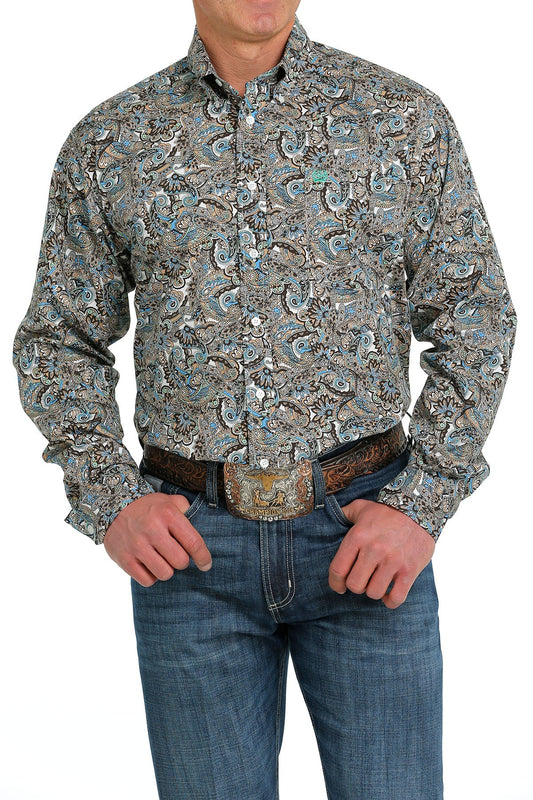 Cinch Mens Paisley Buttoned Down Western L/S Shirt - White/Brown/Blue - MTW1105544
