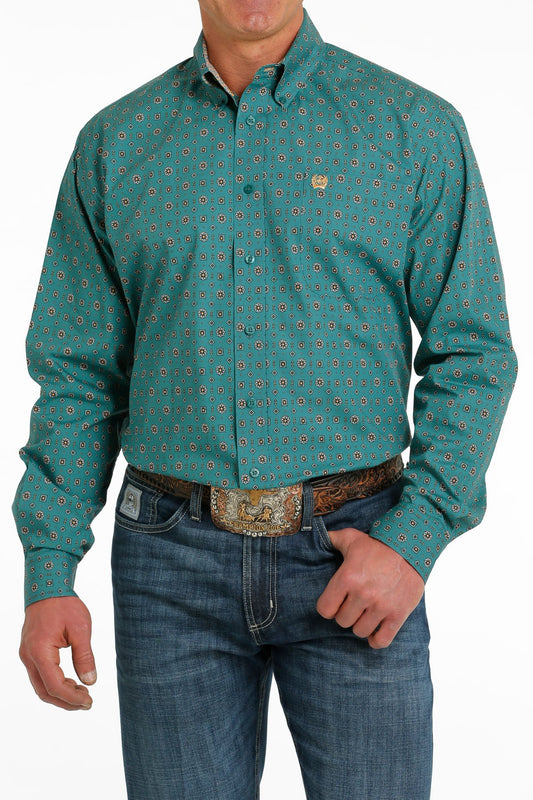 Cinch Mens Geometric Print Buttoned Down Western L/S Shirt - Teal/Orange - MTW1105558