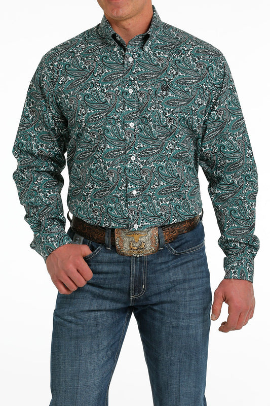 Cinch Mens Paisley Print Buttoned Down Western L/S Shirt - Teal - MTW1105560