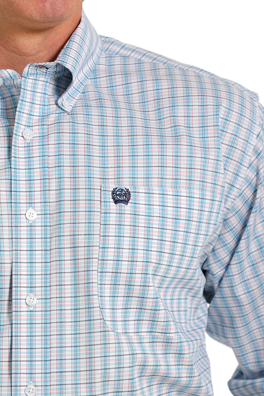 Cinch Mens Stretch Plaid Button Down Western Shirt - White/Turquoise/Red - MTW1105563