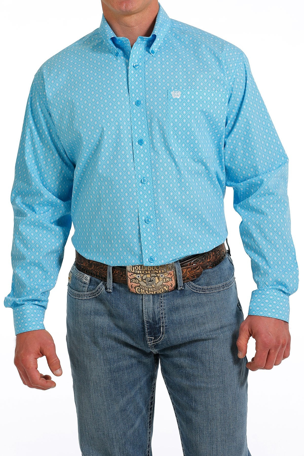 Cinch Mens Geometric Print Button Down Western Shirt - Turquoise - MTW1105566