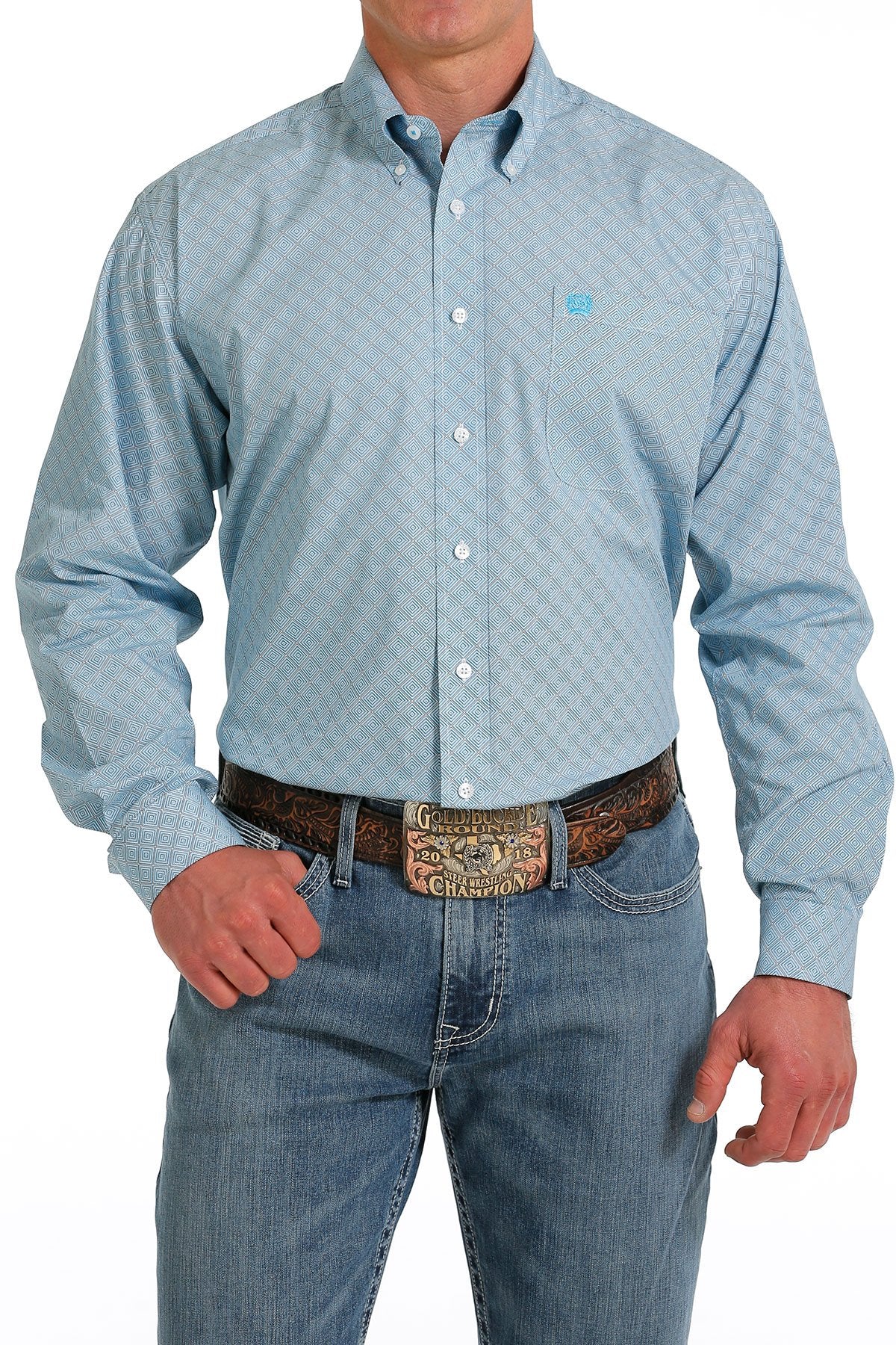 Cinch Mens Geometric Print Button Down Western Shirt - Turquoise - MTW1105567