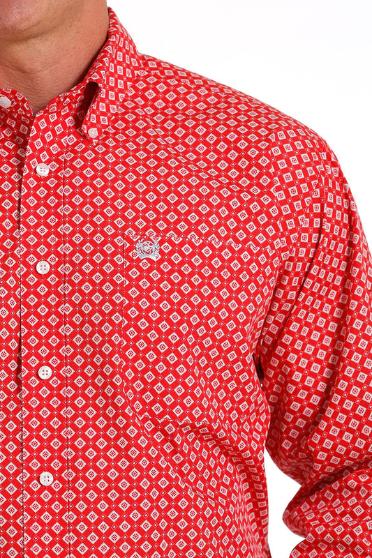 Cinch Mens Geometric Print Button Down Western Shirt - Red - MTW1105571