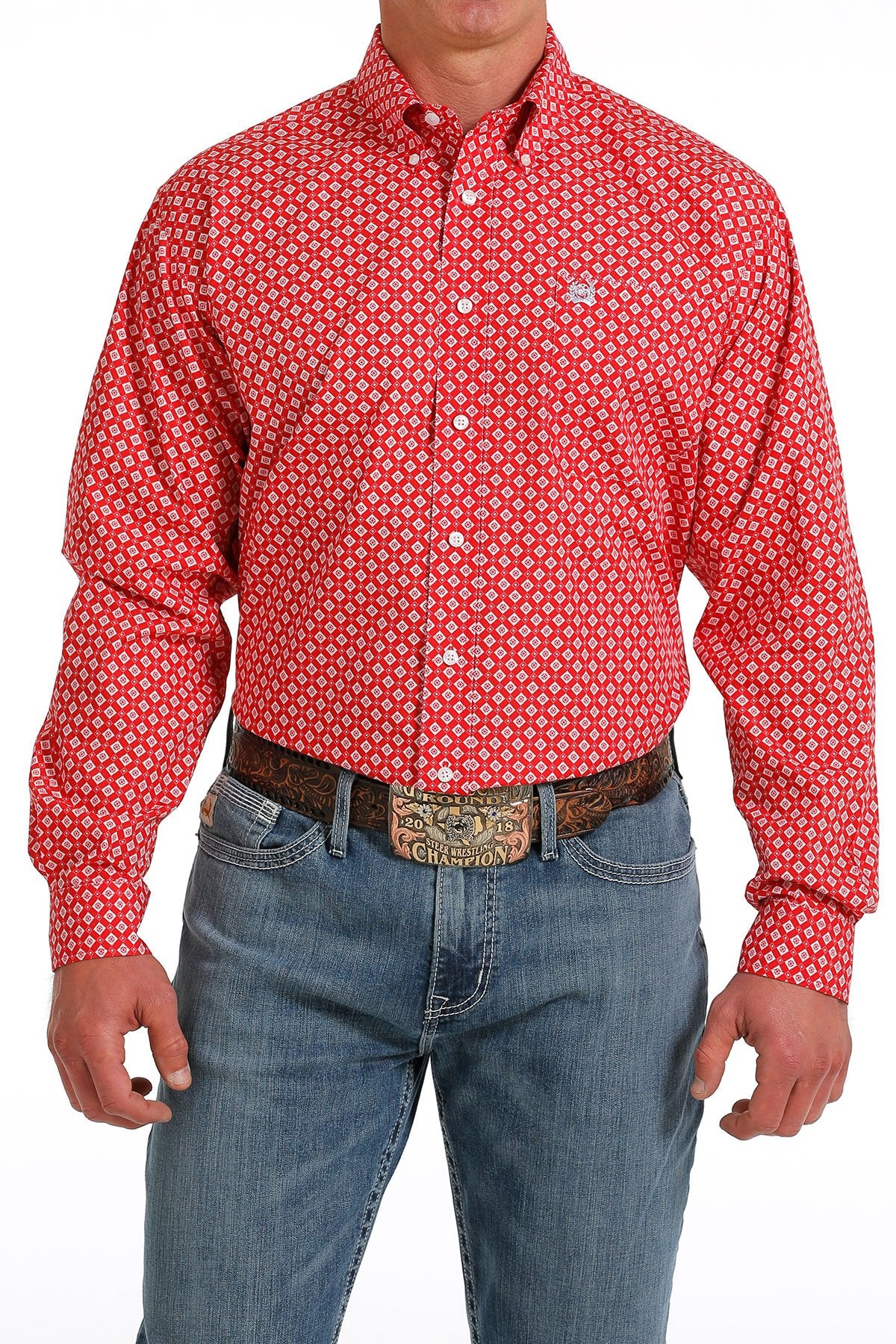Cinch Mens Geometric Print L/S Shirt - Red - MTW1105571
