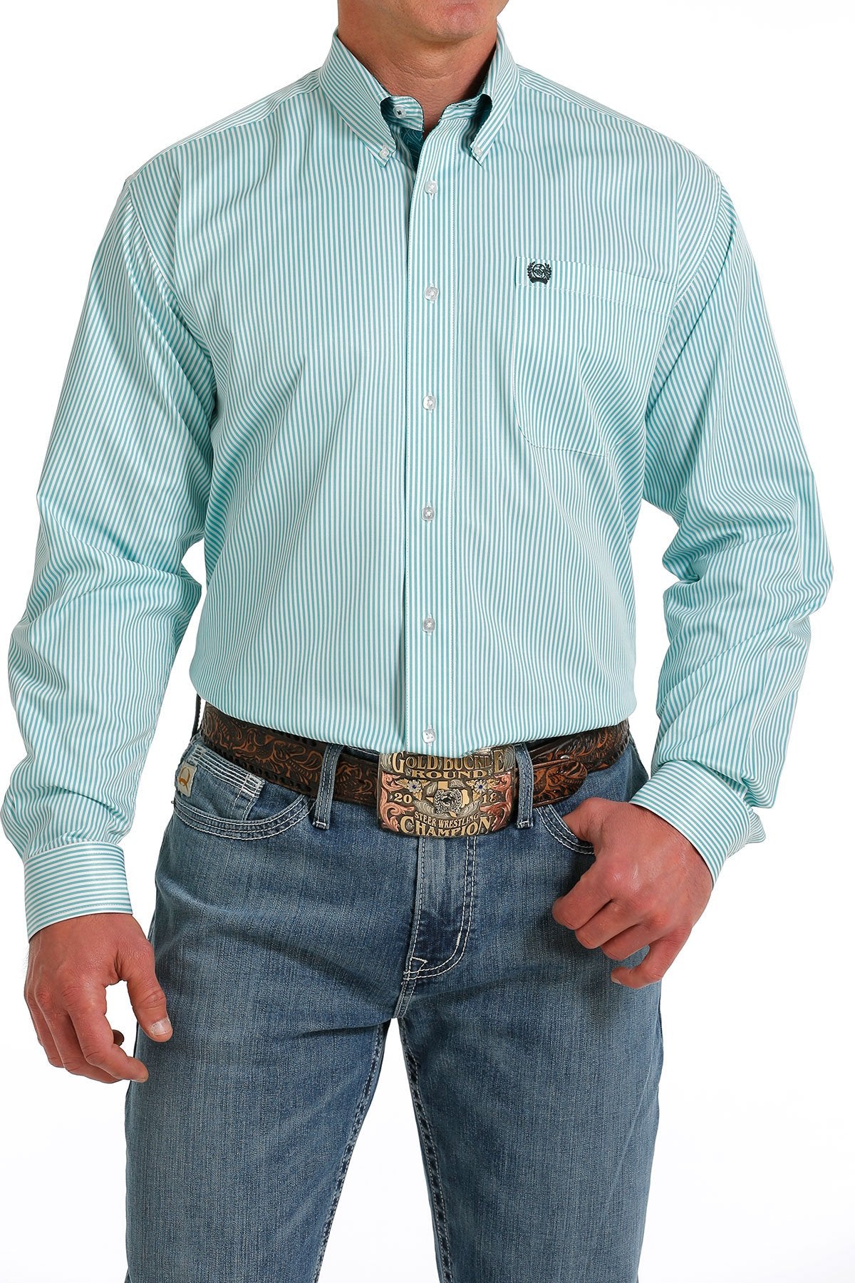 Cinch Mens Stripe Tencel Button Down Western Shirt - White/Green - MTW1105580