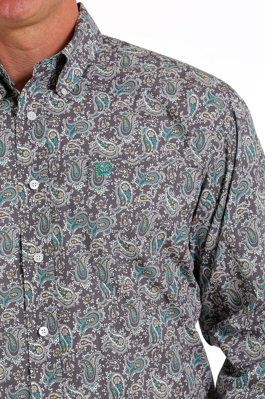 Cinch Mens Paisley Buttoned Down Western L/S Shirt - Grey/White/Teal - MTW1105584