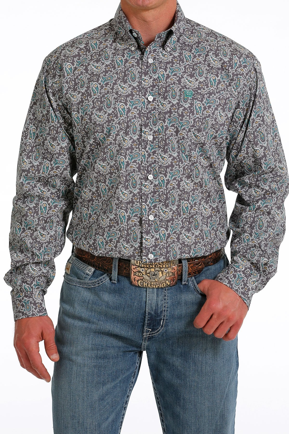 Cinch Mens Paisley Buttoned Down Western L/S Shirt - Grey/White/Teal - MTW1105584