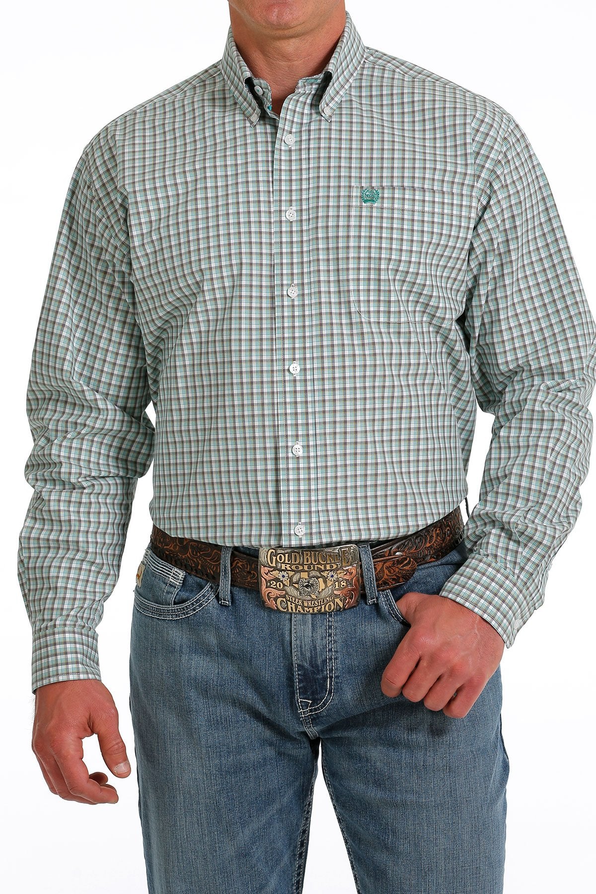 Cinch Mens Plaid Buttoned Down Western L/S Shirt - White/Grey/Gold - MTW1105585