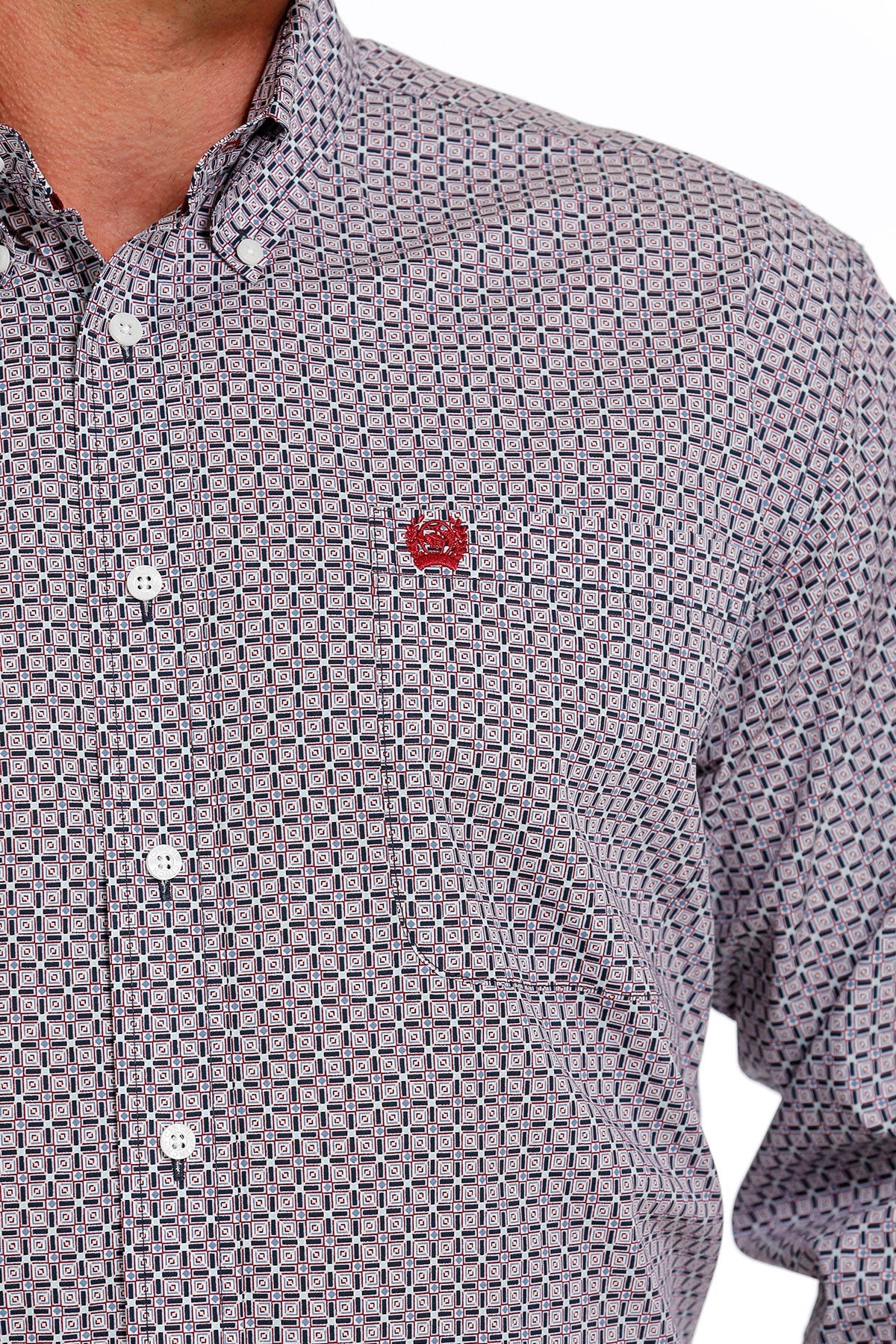 Cinch Mens Geometric Print Button Down Shirt - Blue/Red - MTW1105619