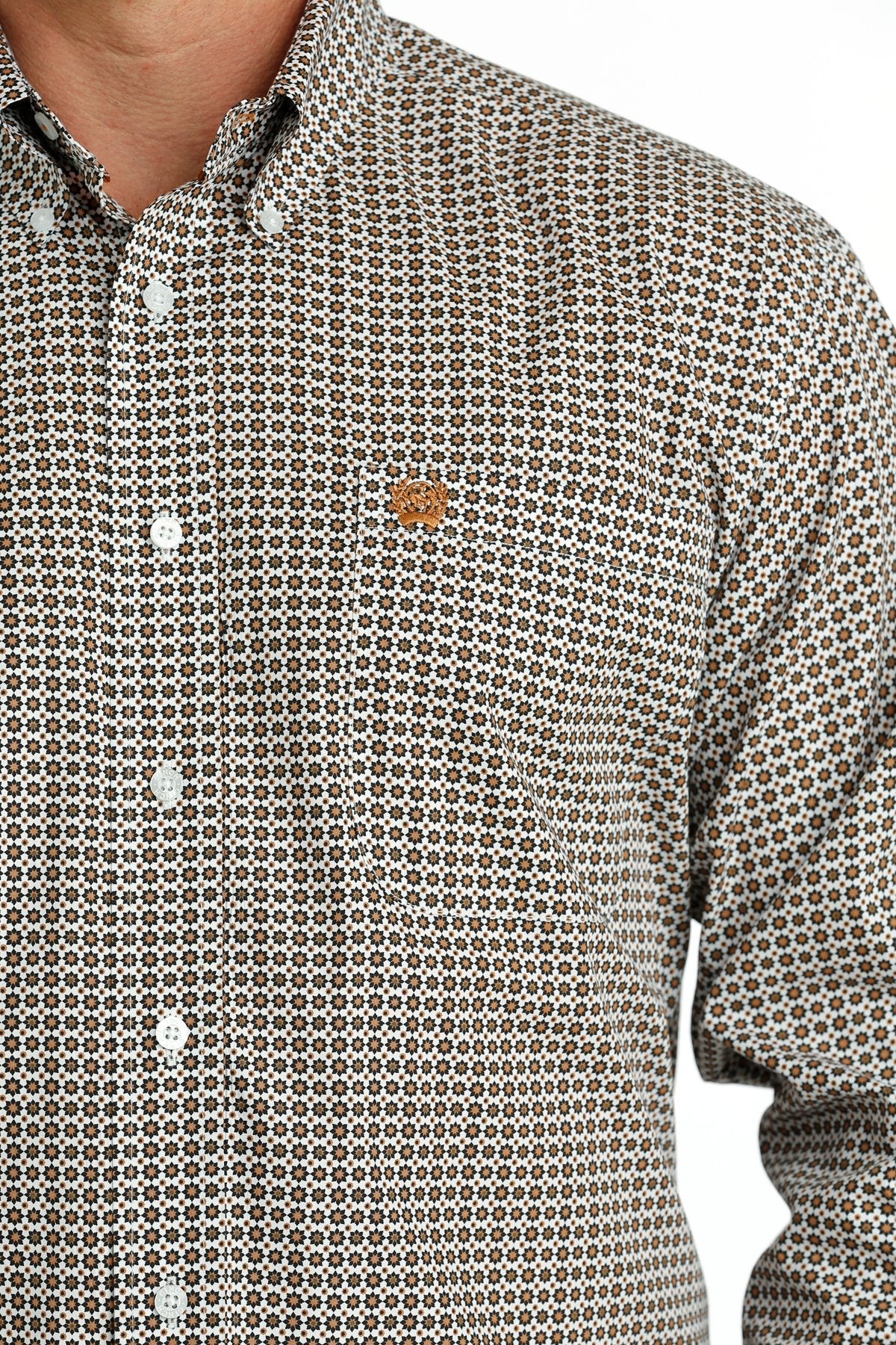 Cinch Mens Geometric Print  L/S  Button Down Shirt - White/Gold - MTW1105665