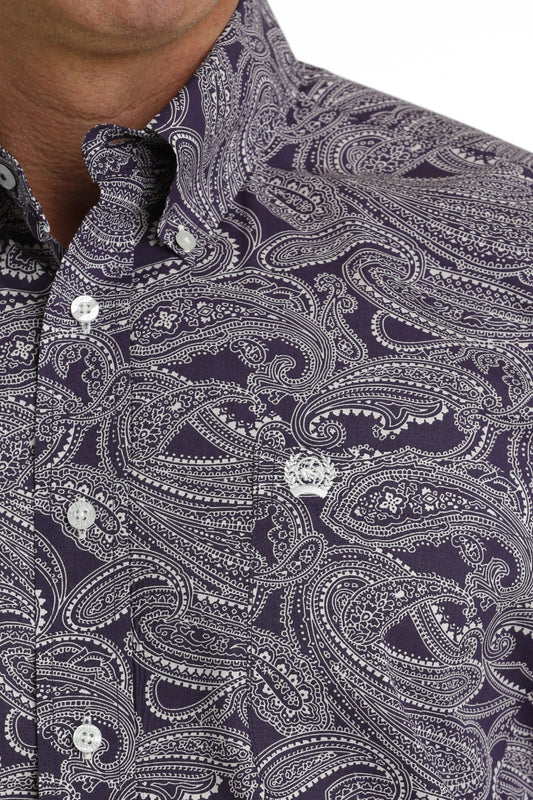 Cinch Mens Paisley Print L/S  Button Down Shirt - Purple/White