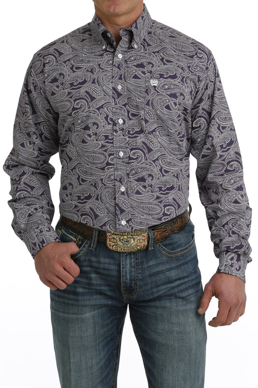 Cinch Mens Paisley Print L/S  Button Down Shirt - Purple/White