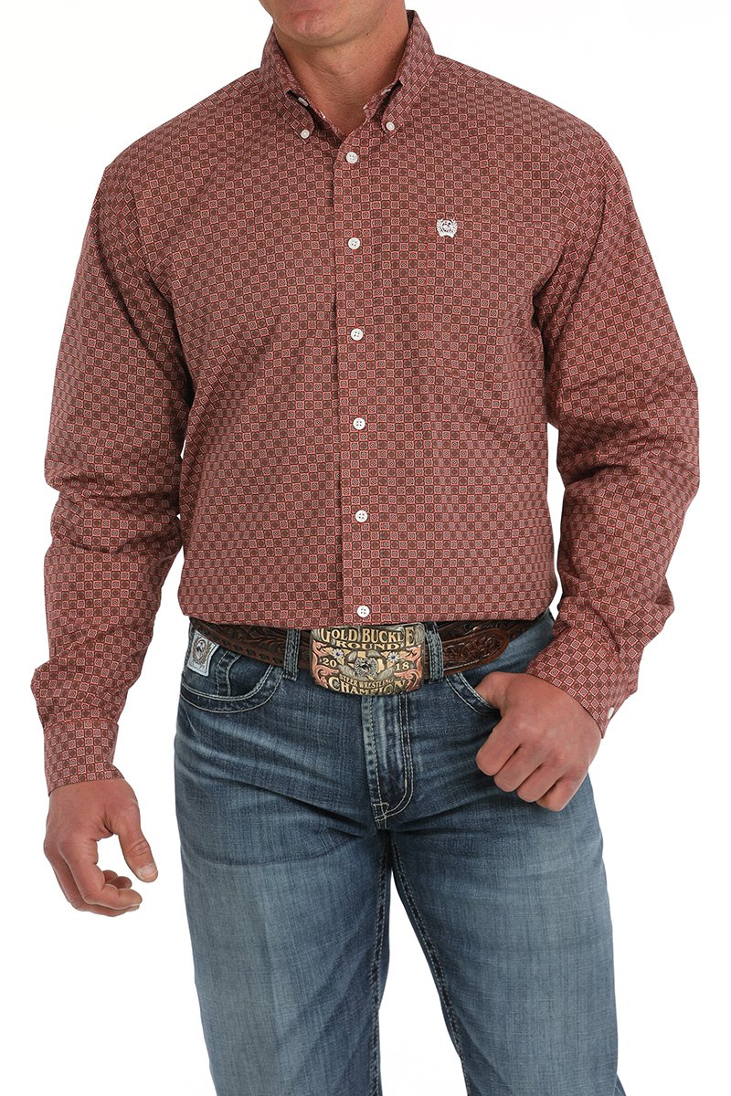 Cinch Mens Medallion Print L/S Shirt - Red