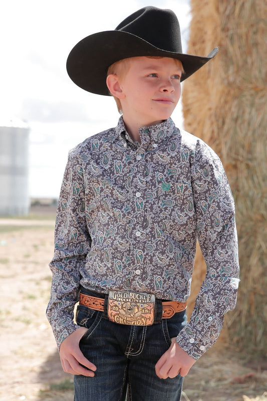 Cinch Boys Match Dad Paisley Print Button Down Western L/S Shirt - Grey/Turquoise - MTW7060317