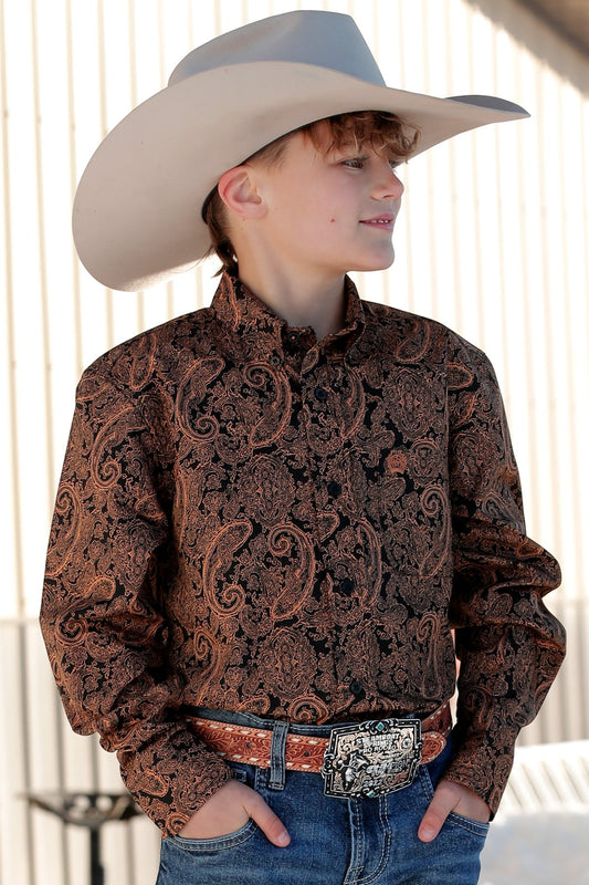 Cinch Boys Paisley Print Button Down Western L/S Shirt - Black/Gold - MTW7060330