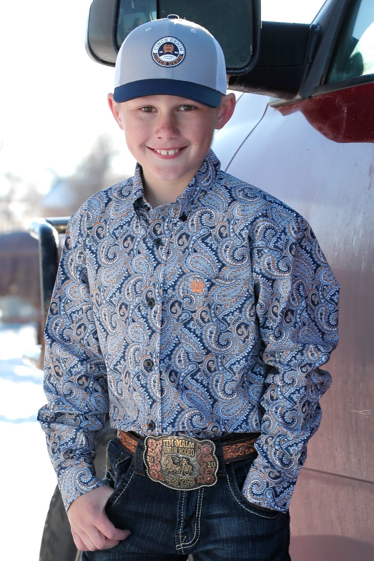 Cinch Boys Paisley Print Button Down Western L/S Shirt - Grey/Blue