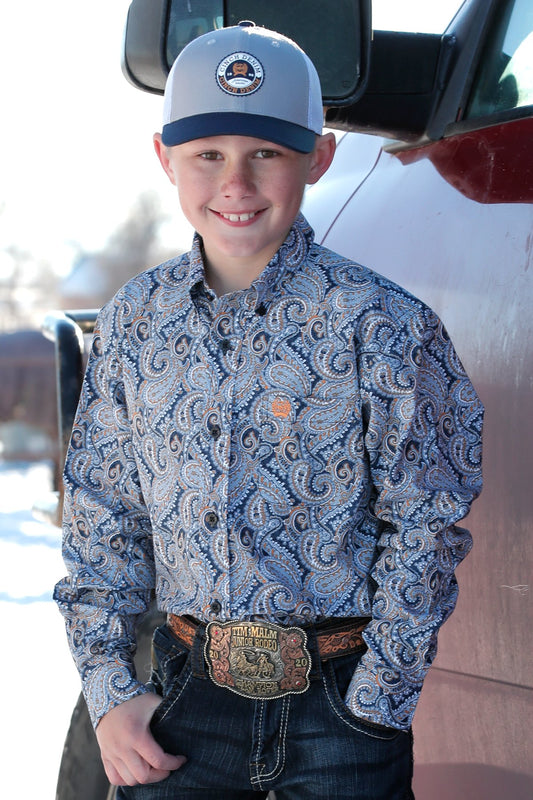 Cinch Boys Paisley Print Button Down Western L/S Shirt - Grey/Blue