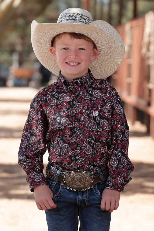 Cinch Boys Paisley Print Button Down Western L/S Shirt - Black/Red