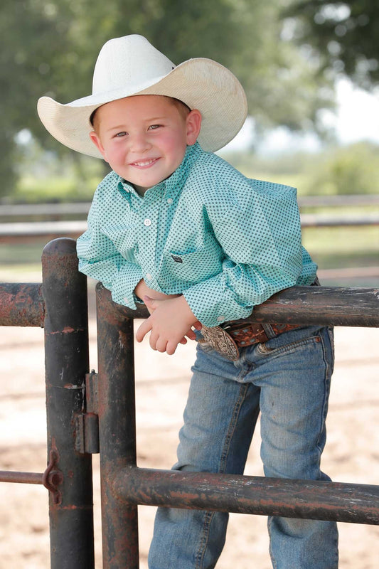 Cinch Boys Match Dad Geometric Print Button Down Western L/S Shirt - Light Blue