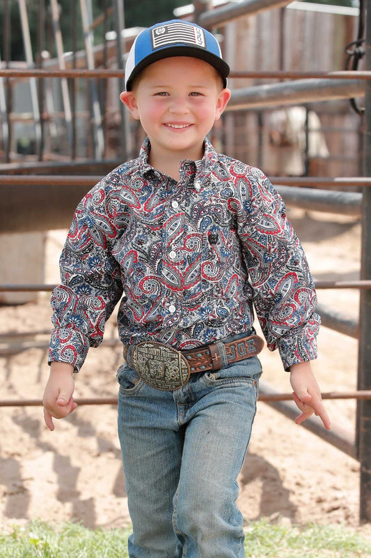 Cinch Boys Paisley Print Button Down Western L/S Shirt - Royal/Black/Red