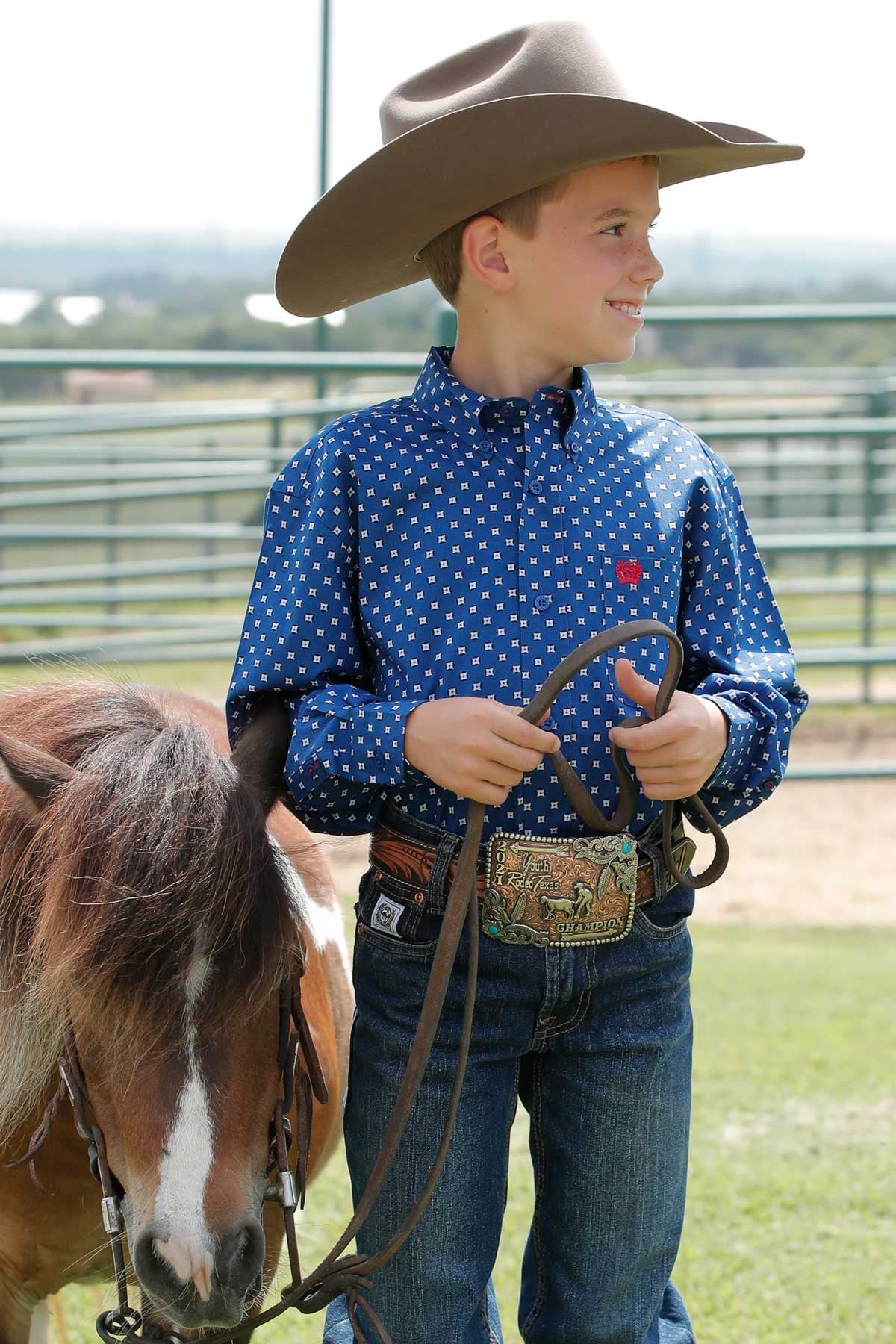 Cinch Boys Star Print Button Down Western L/S Shirt - Royal Blue