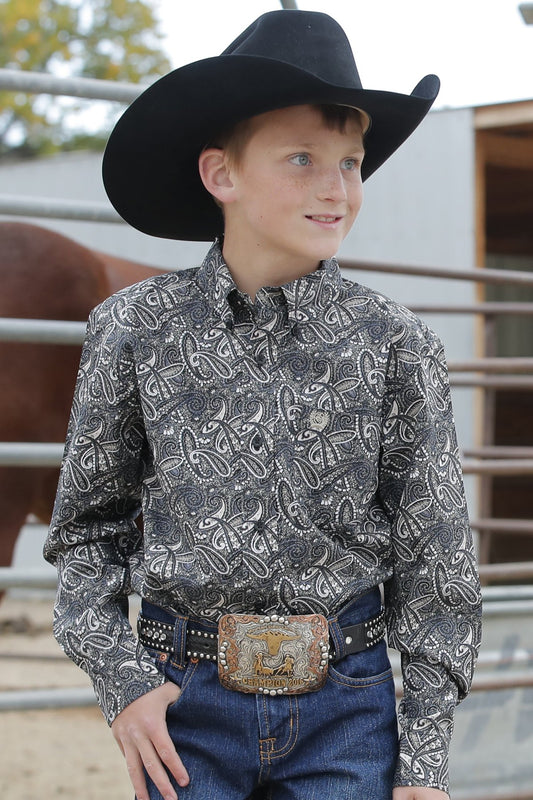 Cinch Boys Paisley Print Button Down Western L/S Shirt - Blue/Black
