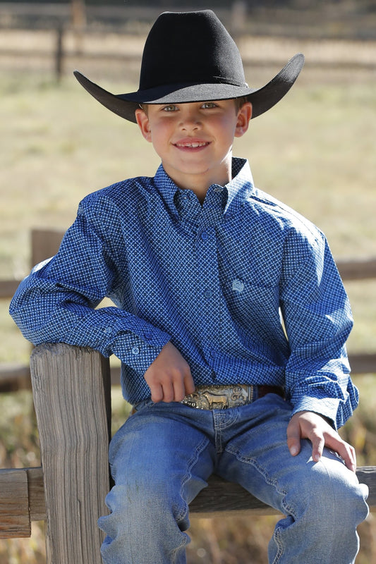 Cinch Boys Geometric Print Button Down Western L/S Shirt - Royal