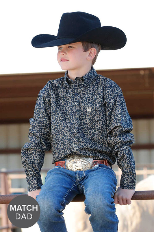 Cinch Boys Rope Print Button Down Western L/S Shirt - Navy
